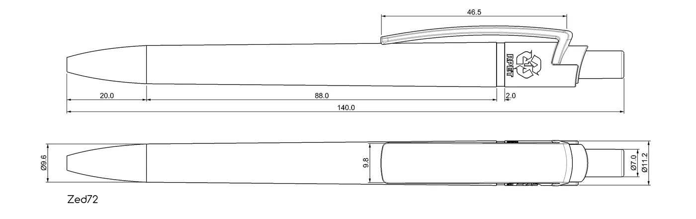 Disegno tecnico quotato di una penna, viste d'insieme e di dettaglio